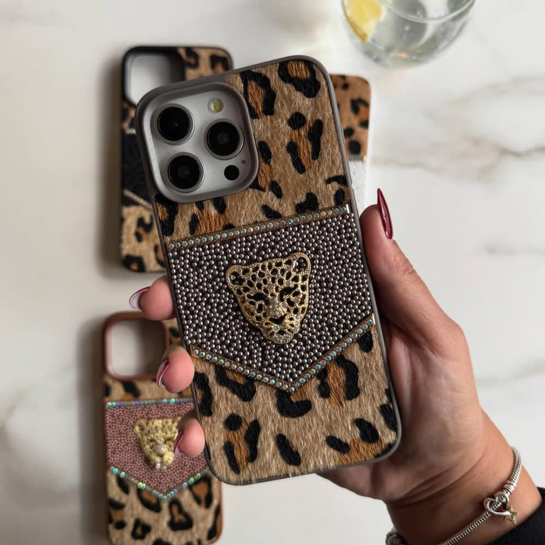 Taş Detaylı Özel Tasarım Leoparlı Telefon Kılıfı
