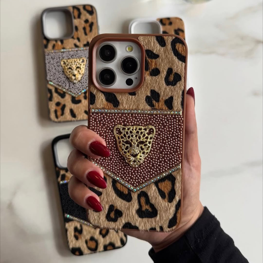 Taş Detaylı Özel Tasarım Leoparlı Telefon Kılıfı