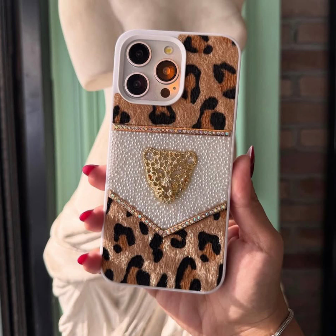 Taş Detaylı Özel Tasarım Leoparlı Telefon Kılıfı