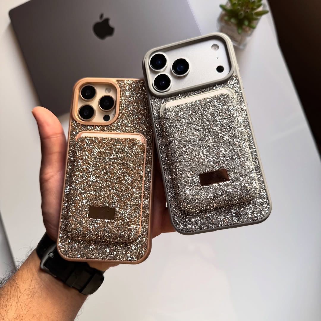 Taşlı  Kartlıklı İphone Telefon Kılıfı Gri