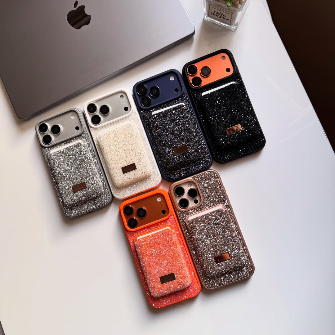 Taşlı  Kartlıklı İphone Telefon Kılıfı Siyah