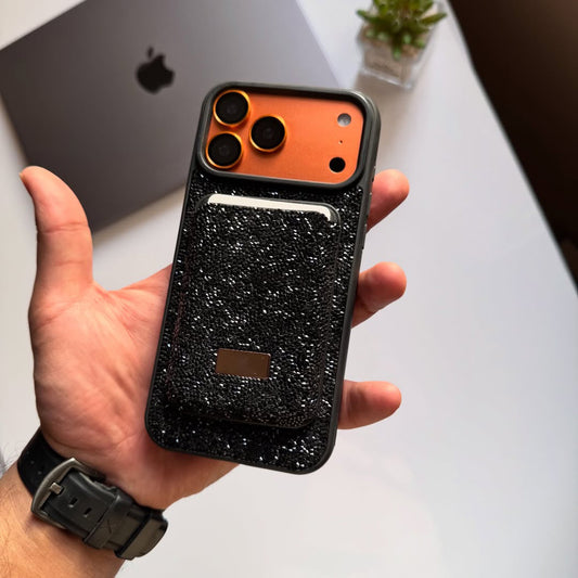Taşlı  Kartlıklı İphone Telefon Kılıfı Siyah