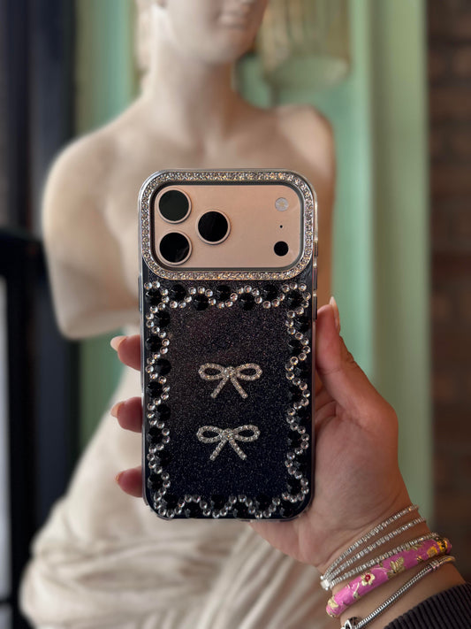 İnci Fiyonk Taşlı iPhone Telefon Kılıfı Siyah